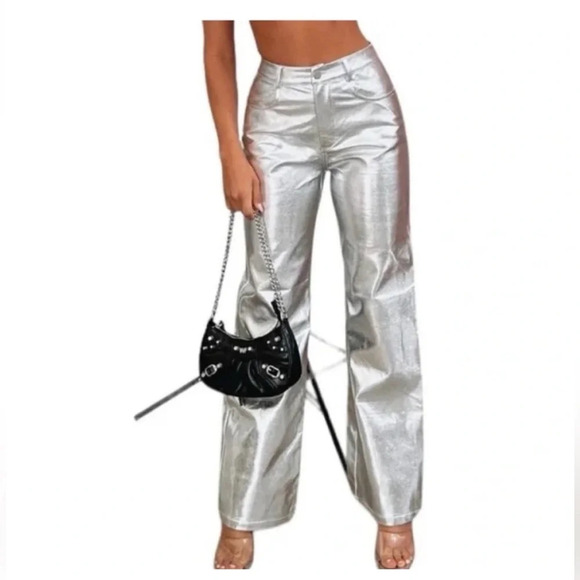 WAYF Luxury Metallic Silver High Rise Vegan Leather Pants Size Small - Picture 6 of 13